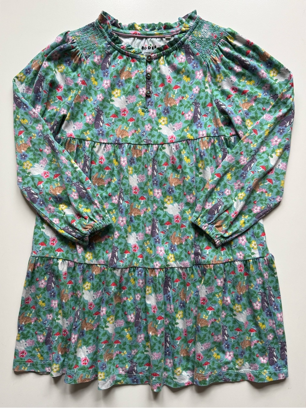 Mini Boden Girls Floral Woodland Button-Front Dress in Green & Pink - Size 7-8Y